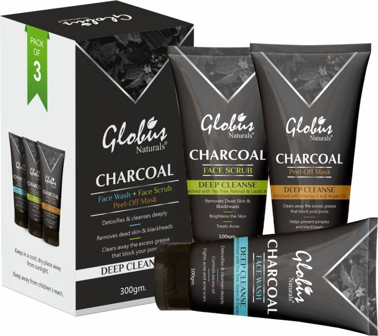 GLOBUS NATURALS Activated Charcoal Anti Acne, Anti Pollution, Anti Tan Kit|Removes Blackheads|De-Tans|Face Wash, Face Scrub, Peel off Mask Price in India