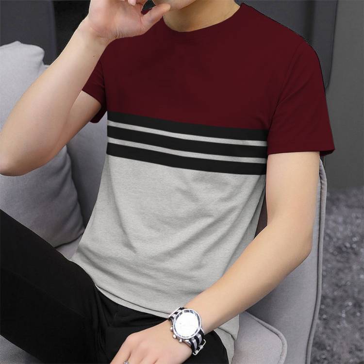 Striped Men Round Neck Maroon, Grey T-Shirt Price in India