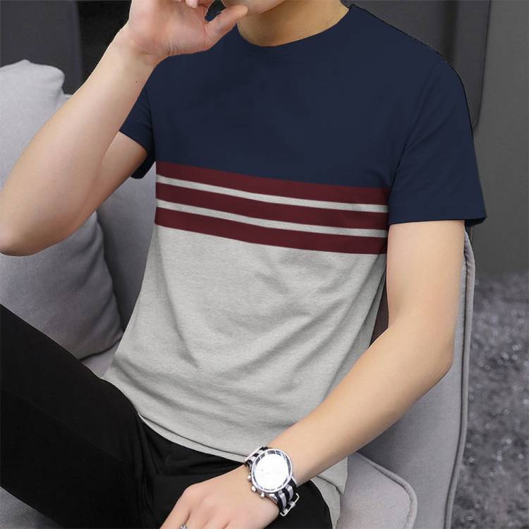 Striped Men Round Neck Dark Blue, Grey T-Shirt Price in India