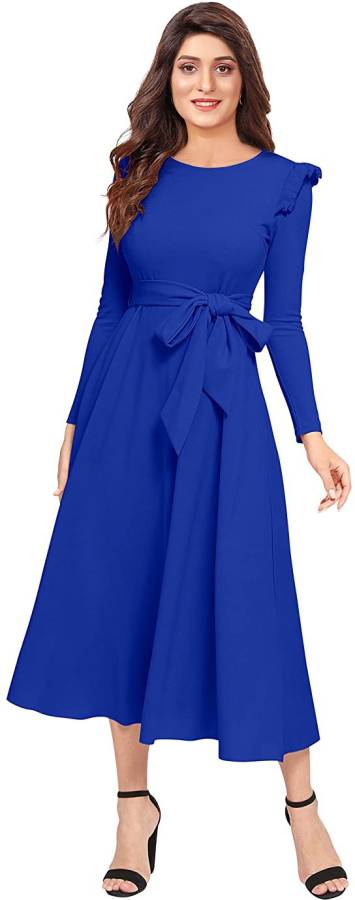 Women Fit and Flare Blue Dress Price in India