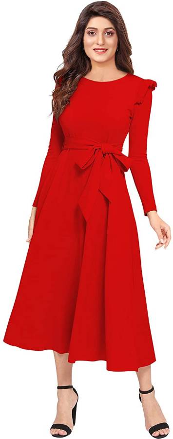 Women Fit and Flare Red Dress Price in India