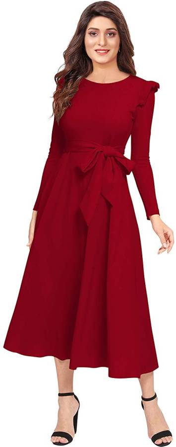 Women Fit and Flare Maroon Dress Price in India