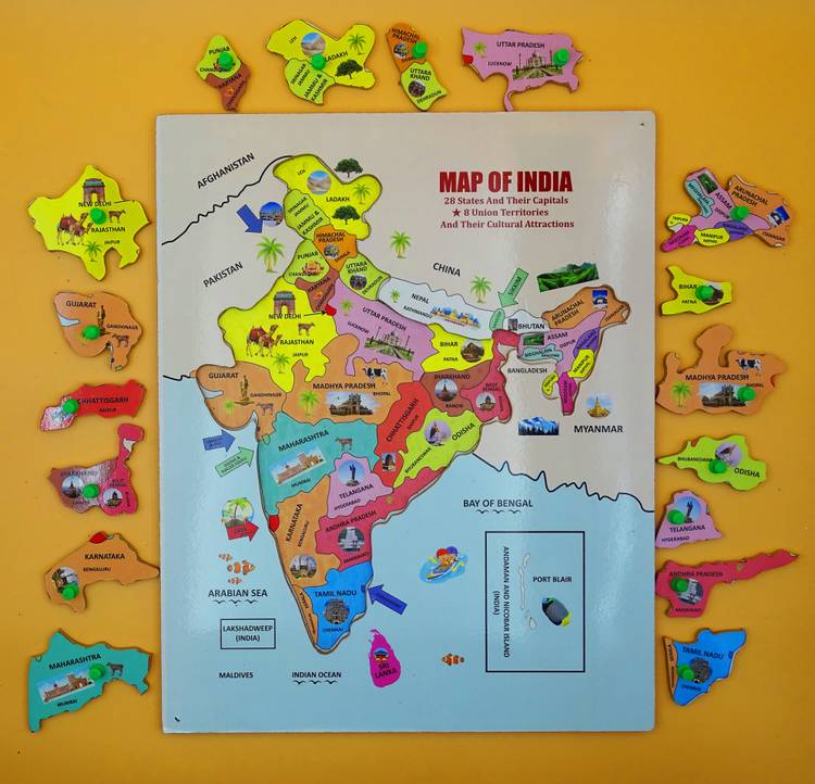 poksi WOODEN PICTORIAL MAP OF INDIA PUZZLE BOARD -28 STATES AND 8 UNION TERRITORIES