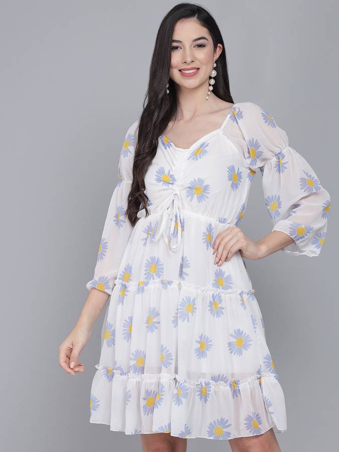 Women Fit and Flare White, Blue Dress Price in India