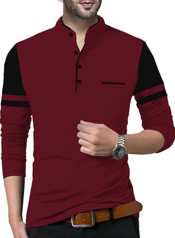 Solid Men Mandarin Collar Maroon, Black T-Shirt Price in India