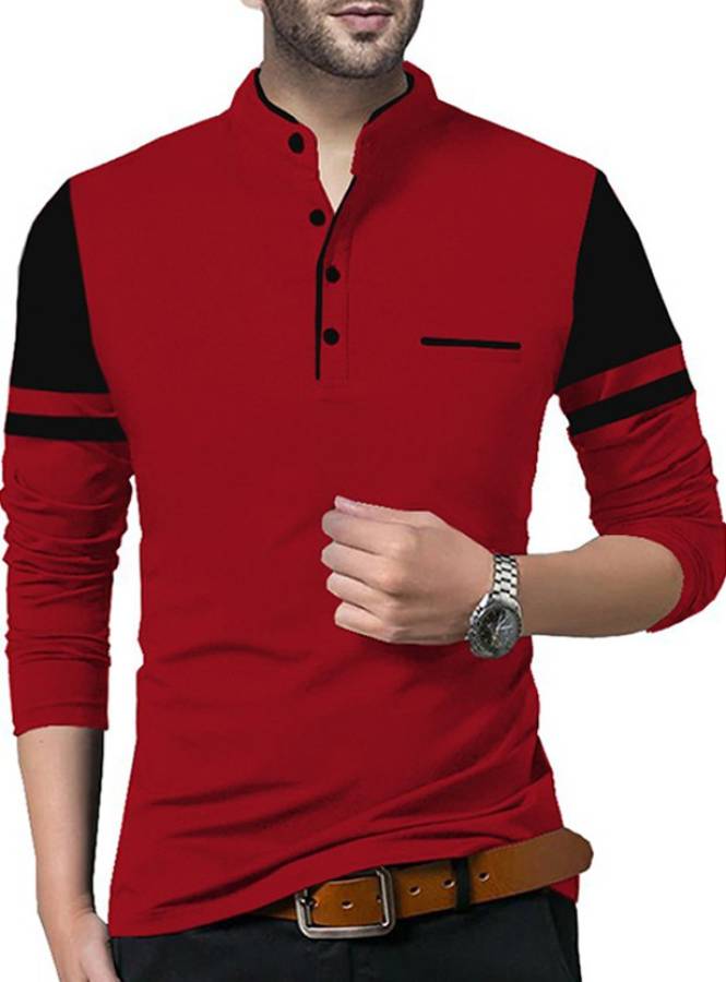 Solid Men Mandarin Collar Red, Black T-Shirt Price in India