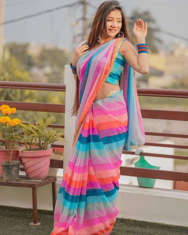 Digital Print, Striped Bollywood Georgette Saree Price in India