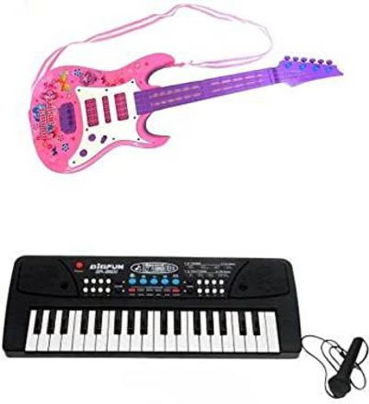 mayank & company Combo of 37 Key Piano Keyboard & Light and Music Pink Guitar