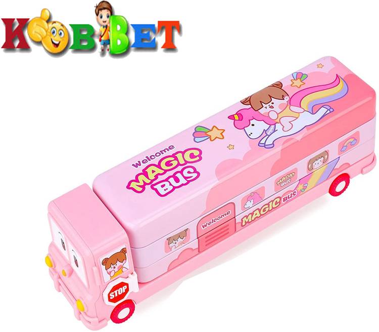 KOBBET Bus Pencil Box for Kids with Moving Tyre's & Sharpener Geometry Case for kids