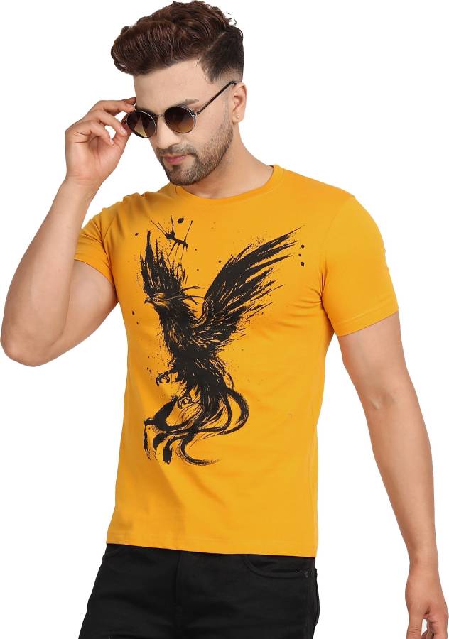 Printed Men Round Neck Yellow T-Shirt Price in India