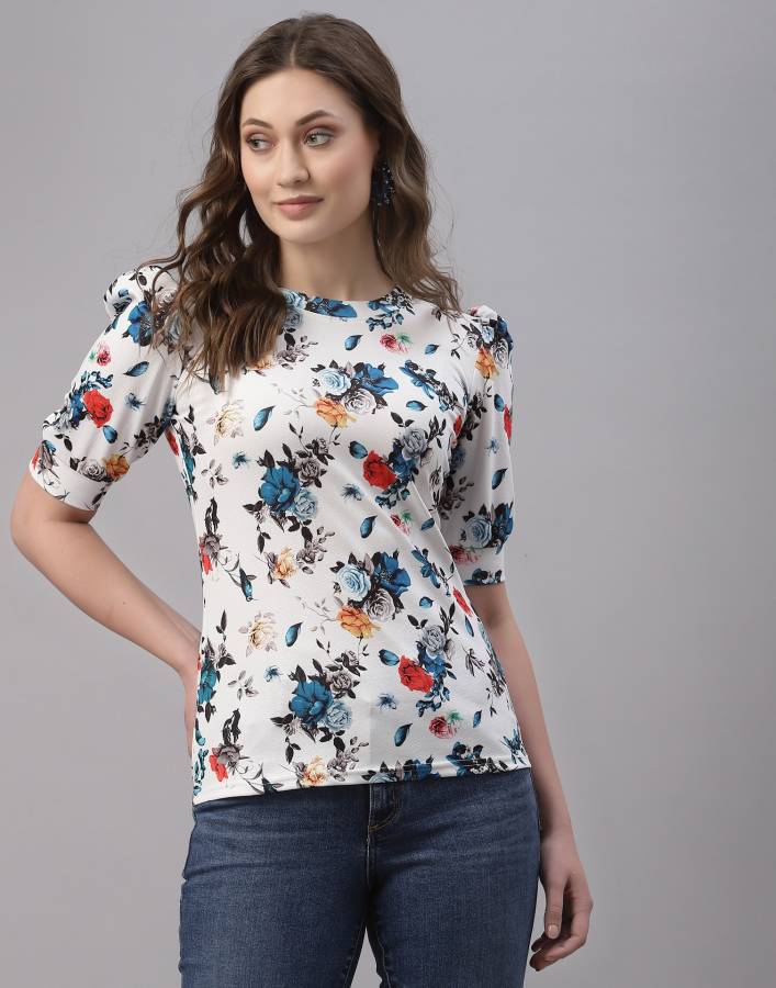 Casual Puff Sleeves Printed Women White, Blue Top Price in India