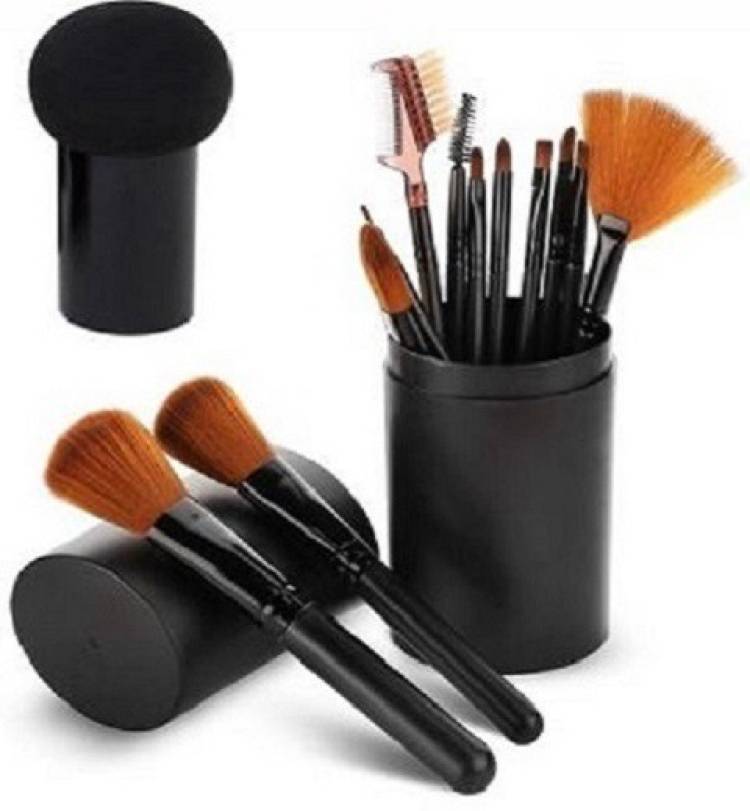 ROXER 12pcs Makeup Eyeshadow Brush Foundation Lips Eyebrows Face Cosmetic Brush Makeup Brushes Tool with Case Holder Kit 1 Mushroom Beauty Blender Black Color (Black) (Pack of 13) Price in India