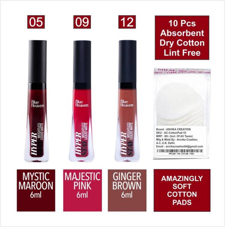 BLUE HEAVEN Hyper Stay Combo Liquid Matte Lipstick Shades-5-9-12 + Cotton Pad (10pcs) Price in India