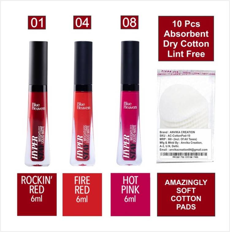 BLUE HEAVEN Hyper Stay Combo Liquid Matte Lipstick Shades-1-4-8 + Cotton Pad (10pcs) Price in India