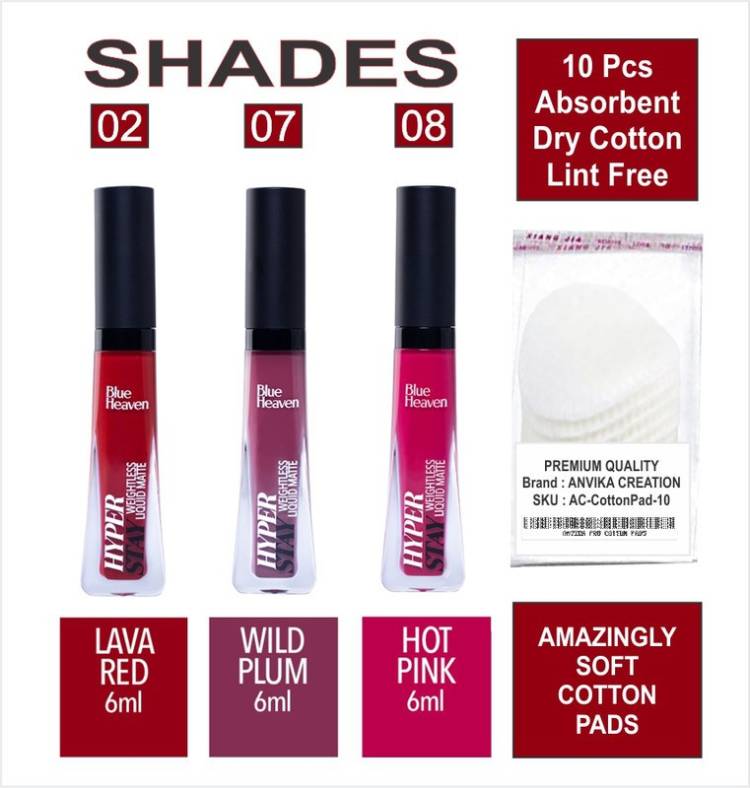 BLUE HEAVEN Hyper Stay Combo Liquid Matte Lipstick Shades-2-7-8 + Cotton Pad (10pcs) Price in India