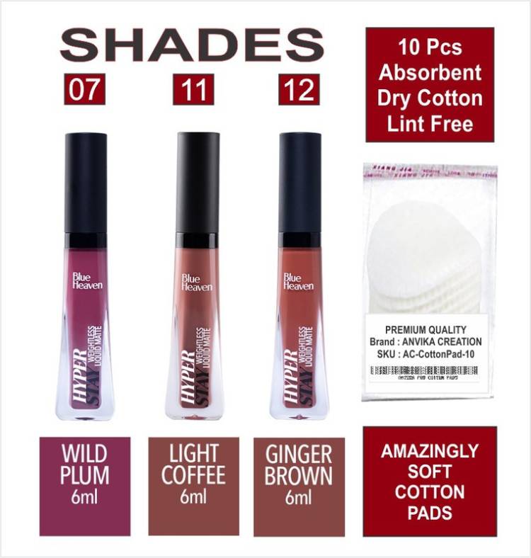 BLUE HEAVEN Hyper Stay Combo Liquid Matte Lipstick Shades-7-11-12 + Cotton Pad (10pcs) Price in India