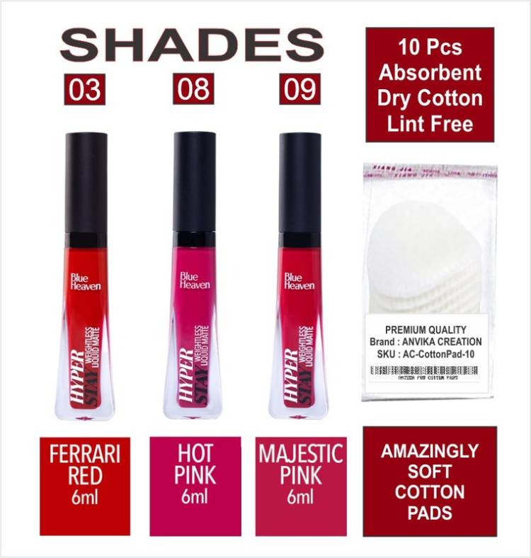 BLUE HEAVEN Hyper Stay Combo Liquid Matte Lipstick Shades-3-8-9 + Cotton Pad (10pcs) Price in India