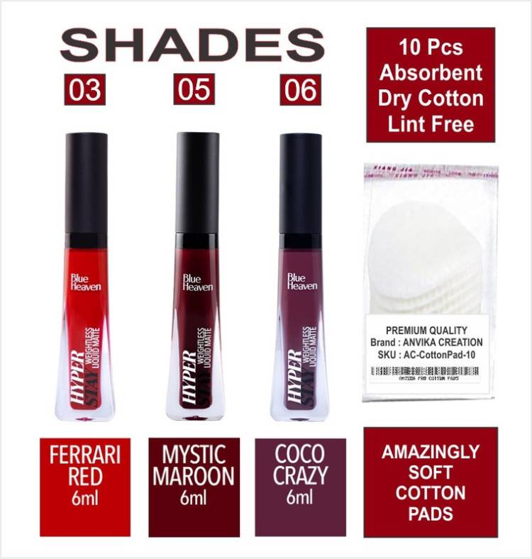 BLUE HEAVEN Hyper Stay Combo Liquid Matte Lipstick Shades-3-5-6 + Cotton Pad (10pcs) Price in India