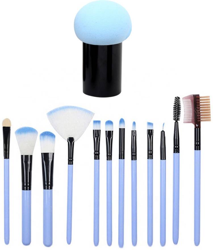 ROXER 12pcs Makeup Eyeshadow Brush Foundation Lips Eyebrows Face Cosmetic Brush Makeup Brushes Tool with Case Holder Kit 1 Mushroom Beauty Blender Sky Blue Color Price in India