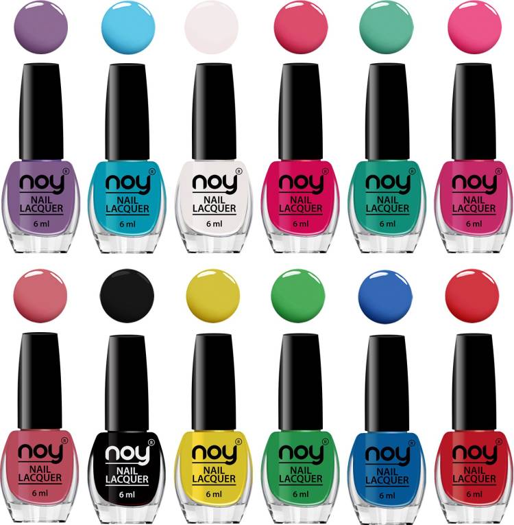 NOY Quick Dry Long Lasting Nail Polish Combo Offer Set of 12 Combo No-04 Purple,Orange Red,Plum,Radium Green,Carrot Pink,Blue,Peach,Green,Yellow,Black,White,Sky Blue Price in India