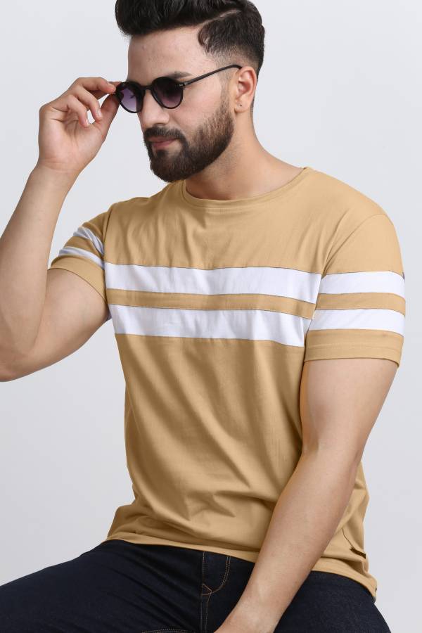 Men Striped Round Neck Gold T-Shirt Price in India