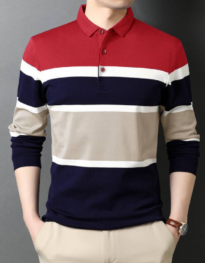 Color Block Men Polo Neck Red T-Shirt Price in India