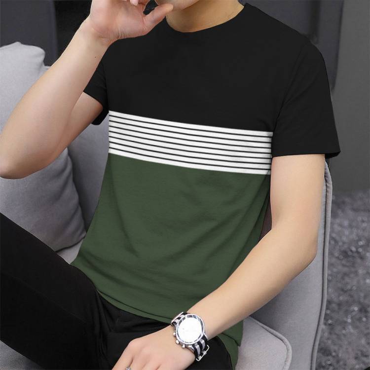 Striped Men Round Neck Dark Green, Black T-Shirt Price in India