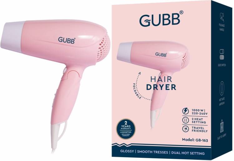 GUBB Hair Dryer |1600W | Hot & Cold Function | Quick Dry | Compact & Foldable | Detachable Nozzle | 2 Years Warranty + 6 Months Free Replacement | Model GB-163 | Pink Color Hair Dryer Price in India