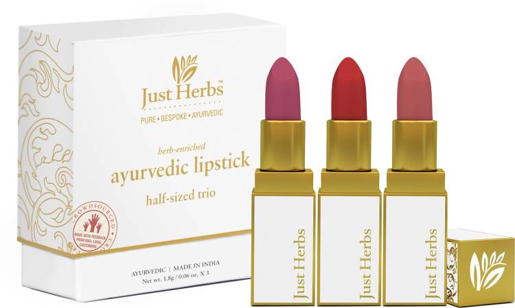 Just Herbs Ayurvedic Creamy Matte Half-Size Lipstick Kit - Peachy Pink, Burnt Red & Peachy Coral ( Set of 3) Price in India