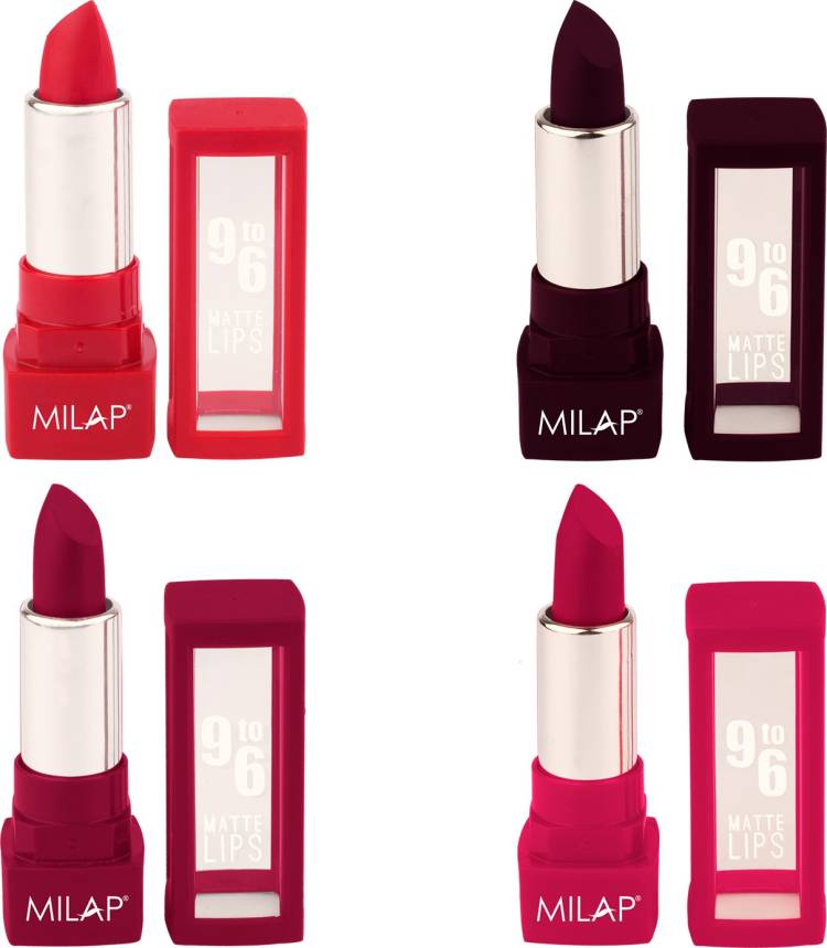 MILAP 9 TO 6 Matte Lipstick Waterproof & Smudge Proof Non Transfer Long Stay Pack Of 4 Price in India