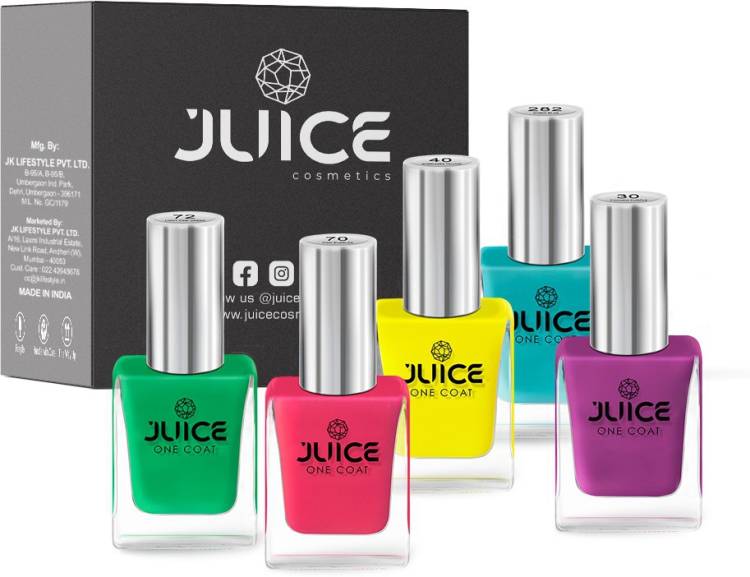 Juice Nail Paint Combo 17 Fuchsia Purple - 30, Bumblebee Yellow - 40, Pink Bubbles - 70, Light Pine Green - 72, Robin Blue - 282 Price in India