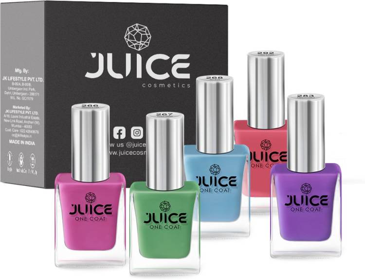 Juice Nail Paint Combo 15 Pickle Green - 267, Sky Blue - 268, French Purple - 283, Coral Sunset - 292, Amaranth Pink - 266 Price in India