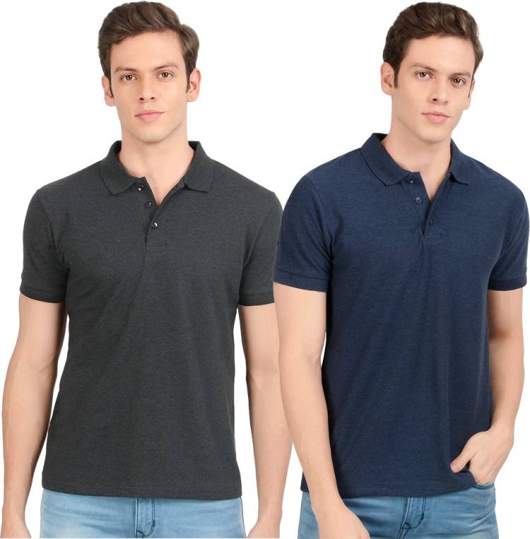 Pack of 2 Solid Men Polo Neck Black, Navy Blue T-Shirt Price in India