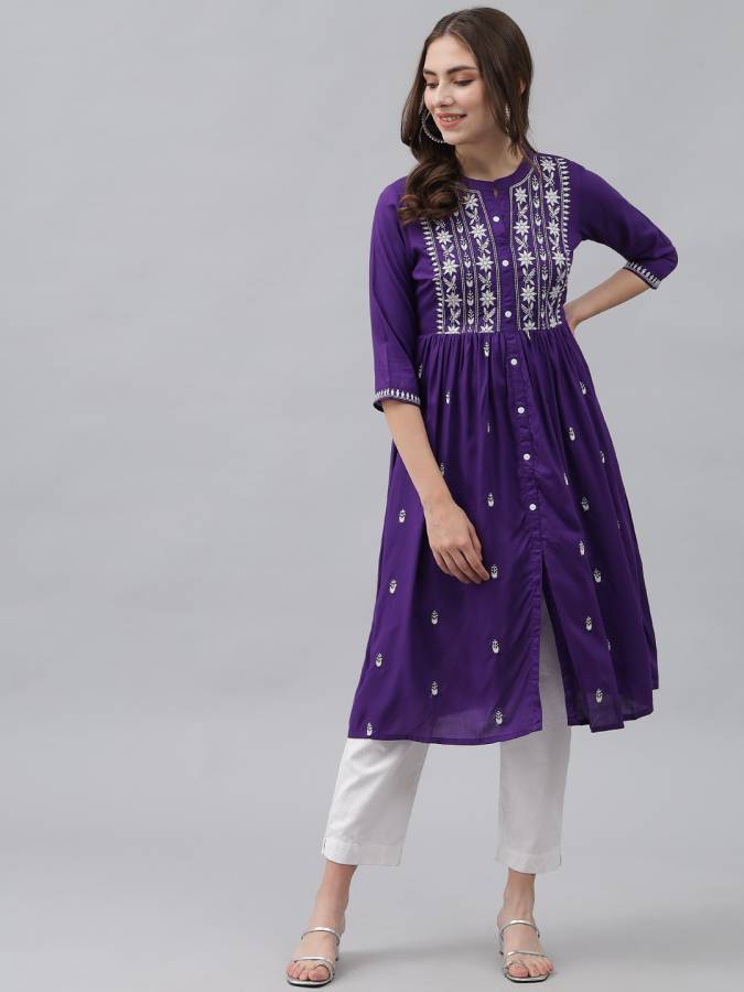 Women Chikan Embroidery Cotton Rayon A-line Kurta Price in India
