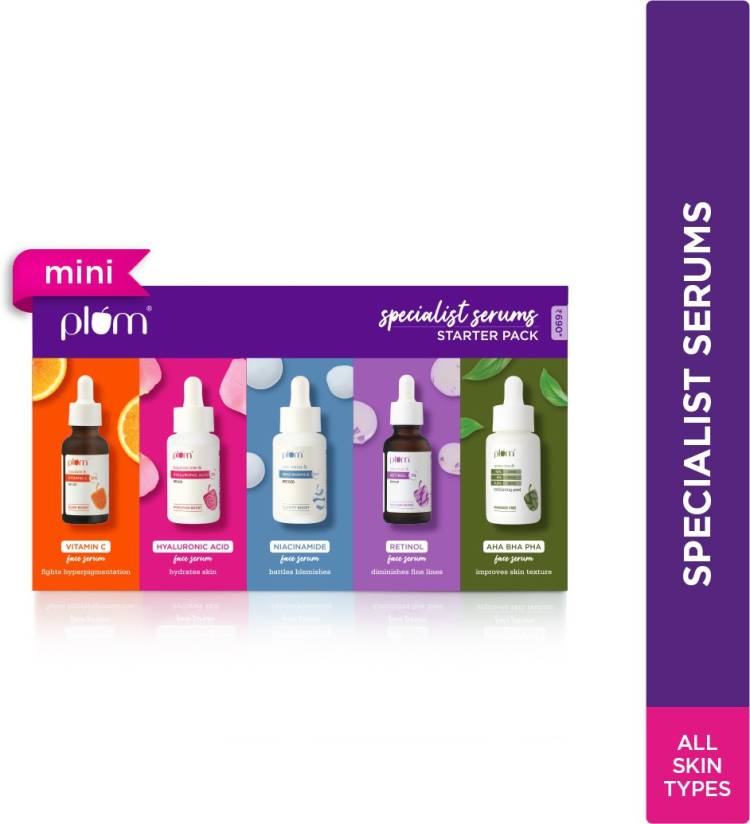 Plum Specialist Serums - Starter Pack | Set of 5 Mini Serums | Vitamin C, Hyaluronic, Niacinamide, Retinol, AHA BHA PHA Peel Price in India