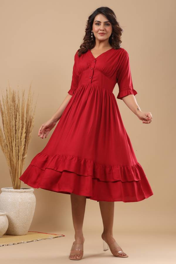 Women Fit and Flare Maroon Dress Price in India