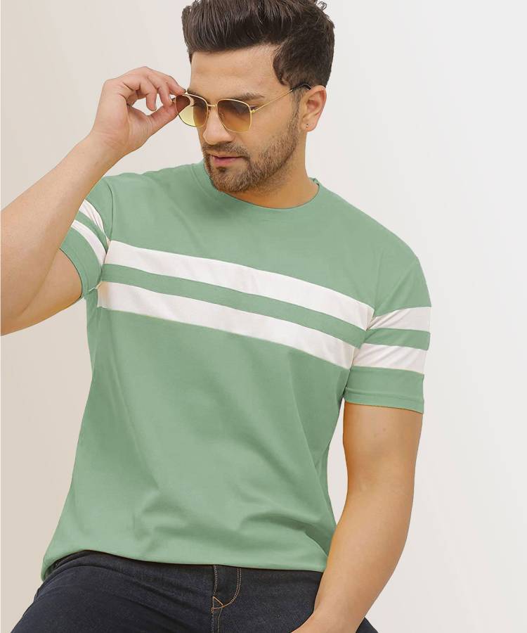 Striped Men Round Neck Light Green T-Shirt Price in India