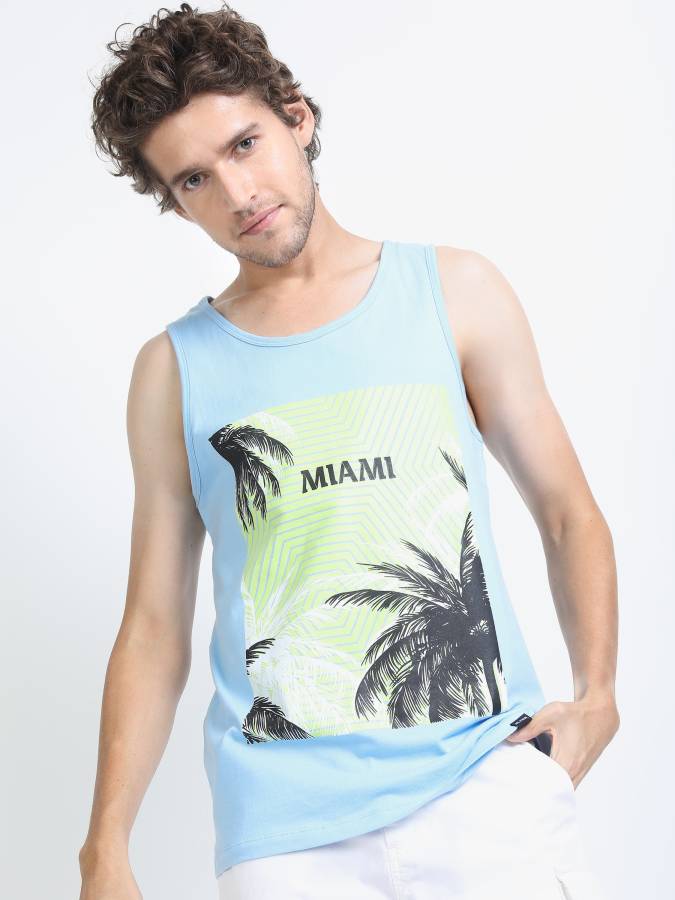 Printed Men Round Neck Light Blue T-Shirt Price in India