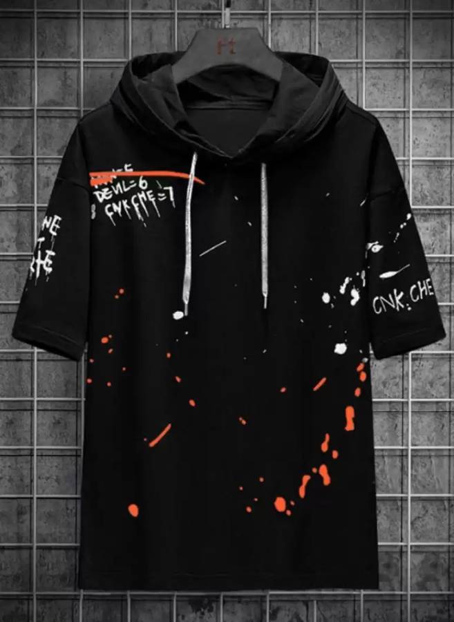 Printed Men Hooded Neck Black T-Shirt Price in India