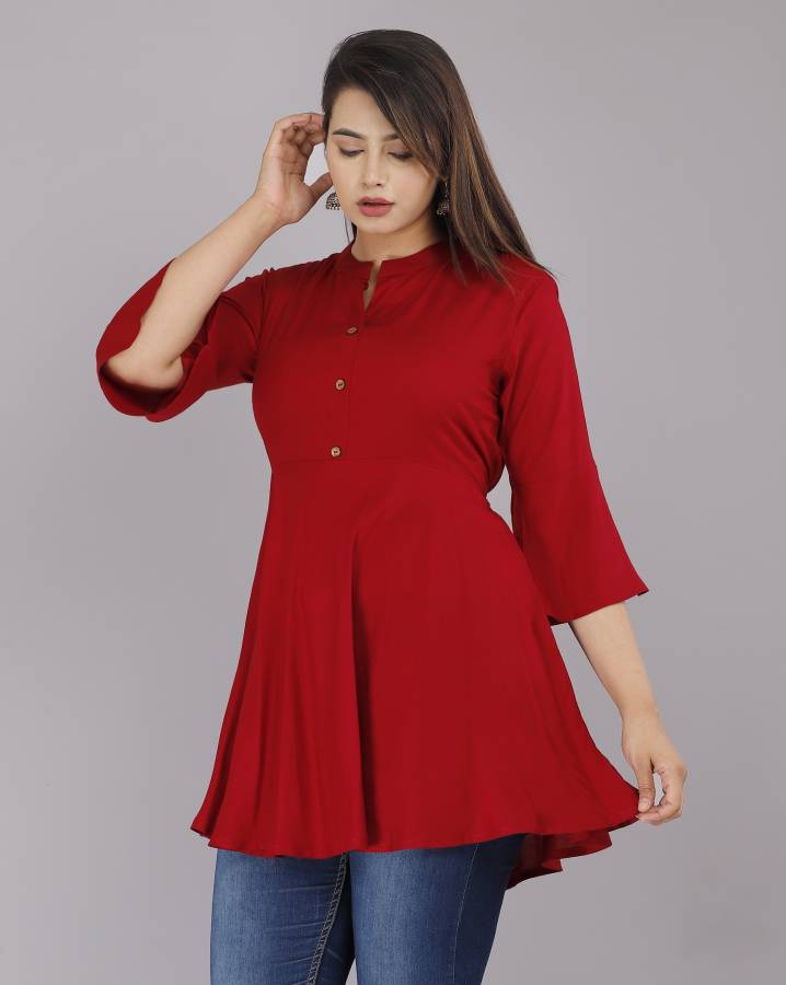 Casual Bell Sleeves Solid Women Red Top Price in India