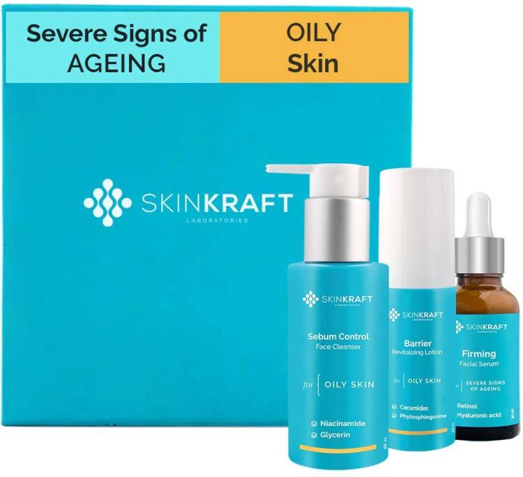 Skinkraft Severe Signs Of Ageing Skincare For Oily Skin - Skincare Kit - 3 Product Kit- Oily Skin Cleanser + Oily Skin Moisturizer + Severe Signs Of Ageing Active Serum - Dermatologist Approved Price in India