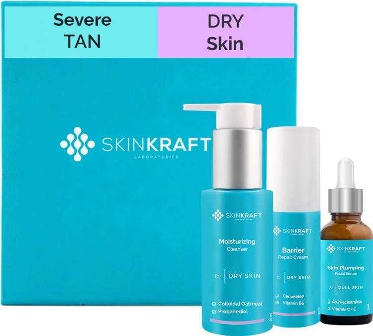 Skinkraft Severe Tan Skincare For Dry Skin - Skincare Kit - 3 Product Kit- Dry Skin Cleanser + Dry Skin Moisturizer + Severe Tan Active Serum - Dermatologist Approved Price in India