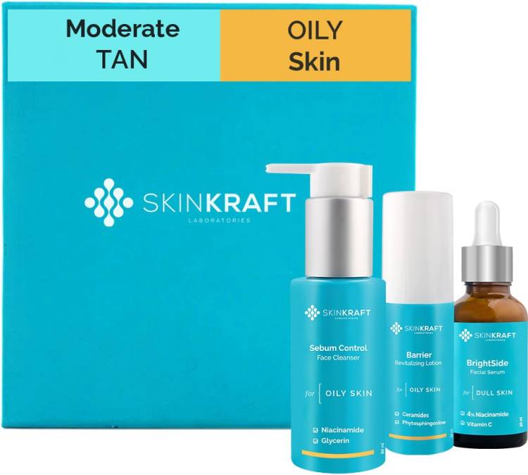 Skinkraft Moderate Tan Skincare For Oily Skin - Skincare Kit - 3 Product Kit- Oily Skin Cleanser + Oily Skin Moisturizer + Moderate Tan Active Serum - Dermatologist Approved Price in India