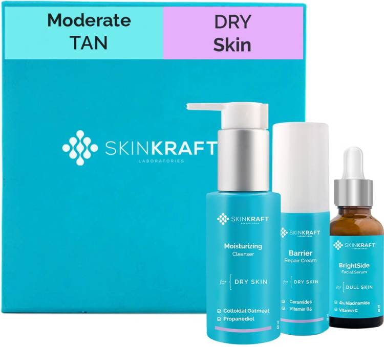 Skinkraft Moderate Tan Skincare For Dry Skin - Skincare Kit - 3 Product Kit- Dry Skin Cleanser + Dry Skin Moisturizer + Moderate Tan Active Serum - Dermatologist Approved Price in India