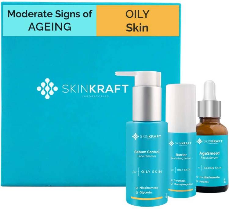 Skinkraft Moderate Signs Of Ageing Skincare For Oily Skin - Skincare Kit - 3 Product Kit- Oily Skin Cleanser + Oily Skin Moisturizer + Moderate Signs Of Ageing Active Serum - Dermatologist Approved Price in India