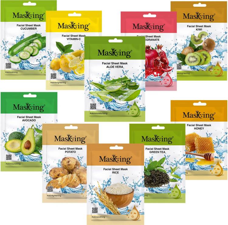 MasKing Beauty Facial sheet Mask for Skin Lightening, Glowing, Nourishing and Brightening for women and men Combo Pack of 10 Price in India
