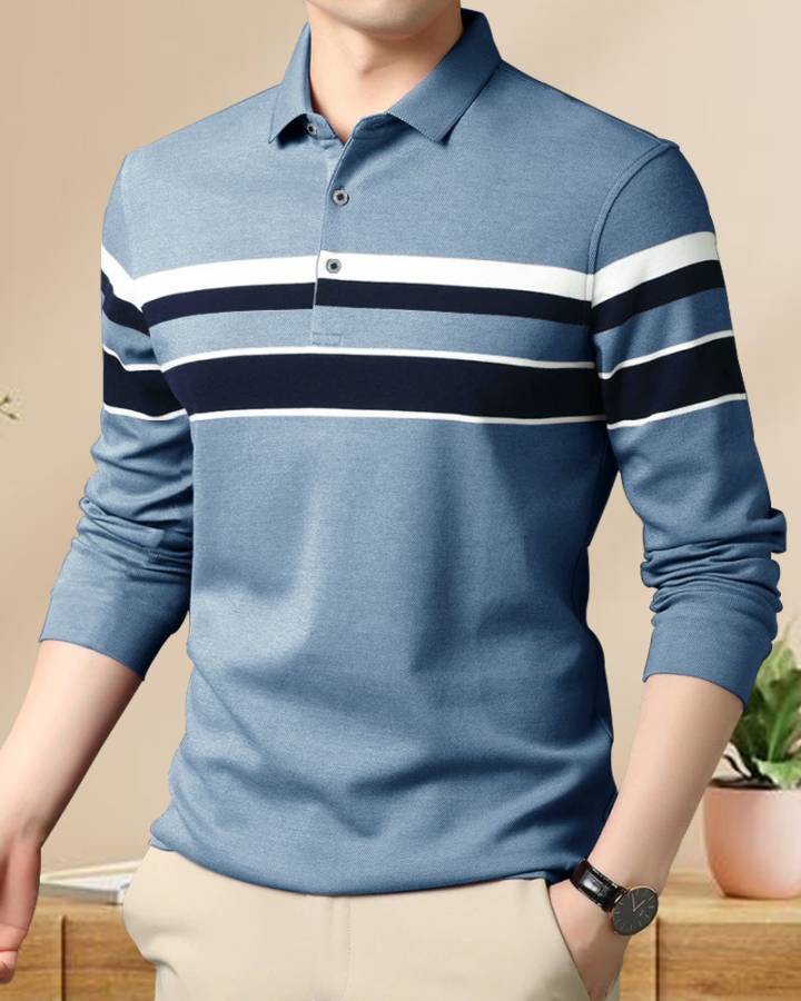 Striped Men Polo Neck Blue T-Shirt Price in India