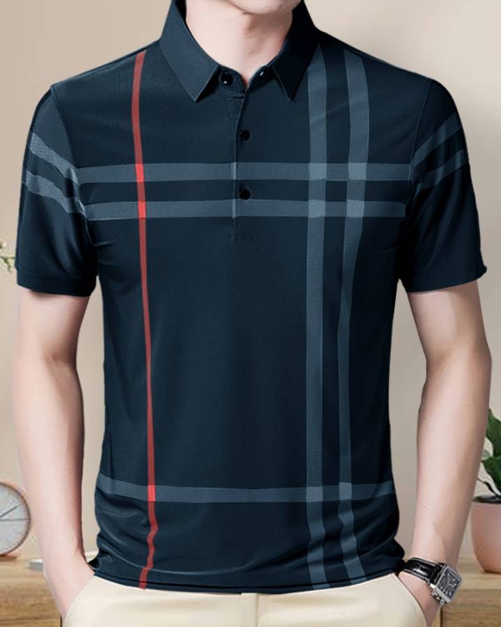 Checkered Men Polo Neck Blue T-Shirt Price in India