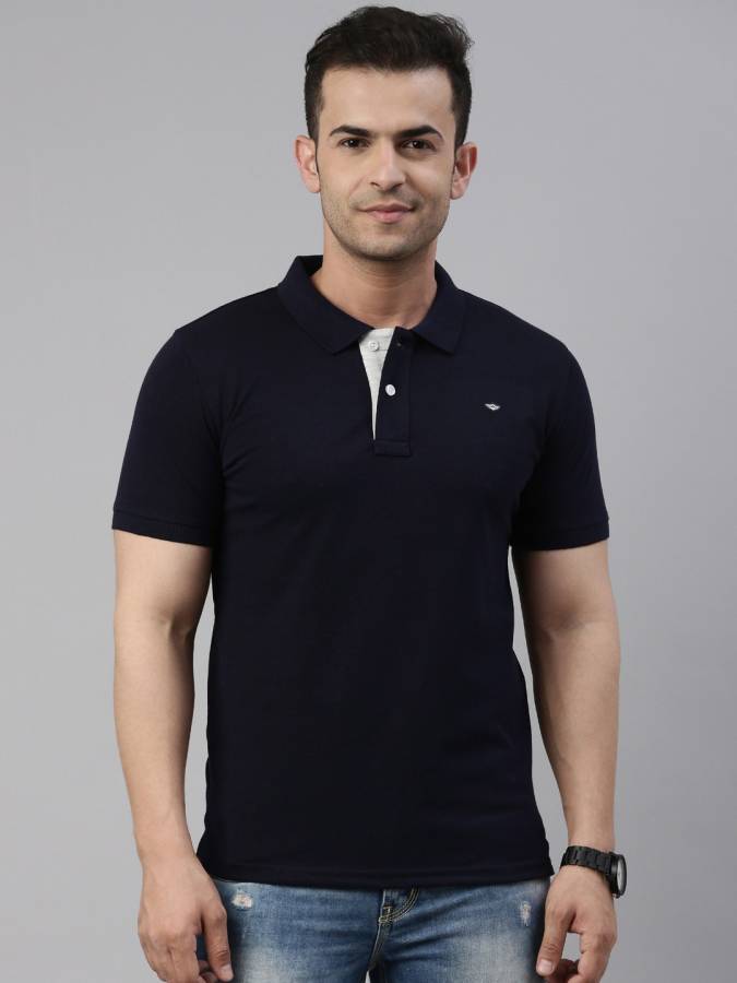 Solid Men Polo Neck Navy Blue T-Shirt Price in India