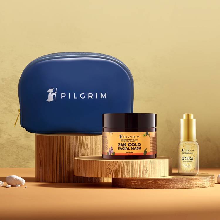 Pilgrim 24K Gold Glow Facial Kit With Blue Vanity Bag For Wrinkles & Dark Spots Price in India